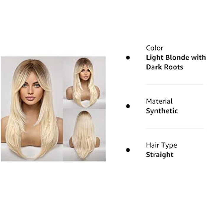 DILLARDS Haircube Synthetic Layered Long Blonde Hair Wigs With Dark Roots With Bangs For Women - Image 3